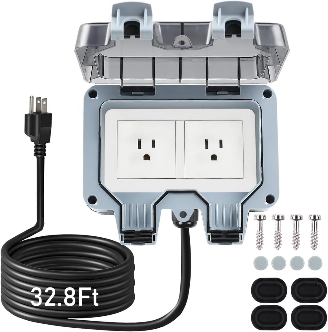 Outdoor Power Outlet Box with 32.8Ft Extension Cord, NEMA 5-15R, STW 14 AWG, Weatherproof Waterproof IP66 Electrical Outlet Extender, Exterior Wall Power Socket w/Cover for Garden