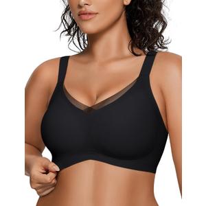 OEAK Womens Wireless Bras V Mesh Comfortable Bralette Supportive Tshirt Bra No Underwire Seamless Push Up Everyday Bras (Large, Black)