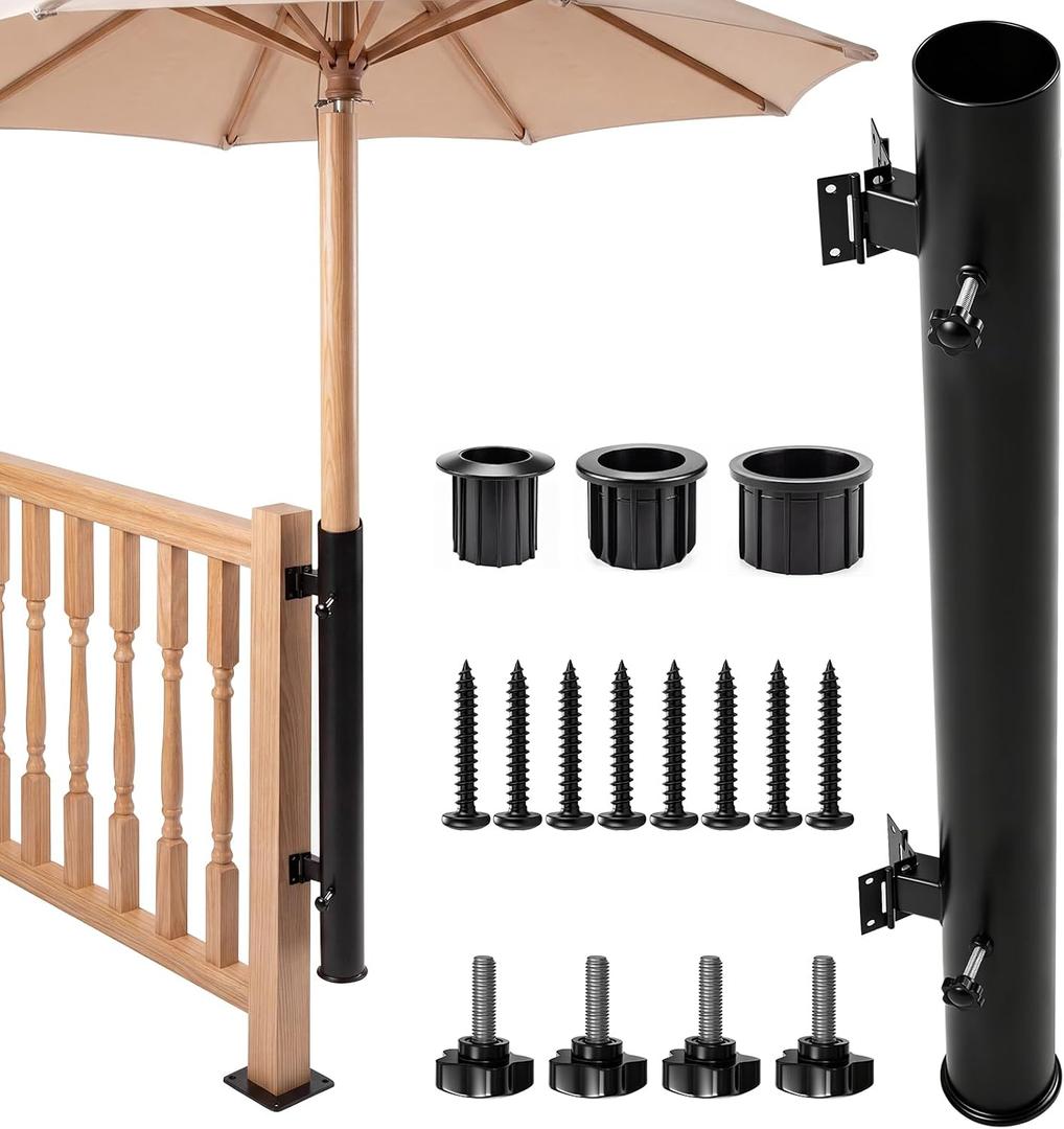 Deck Umbrella Mount for Deck Railings & Posts, Fits Poles up to 2", One-Piece Steel Patio Umbrella Holder with 4-Point Locking System, Space-Saving Outdoor Bracket