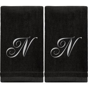 Monogrammed Towels Fingertip, Personalized Gift, 11 x 18 Inches - Set of 2 White Embroidered Towel - Extra Absorbent 100% Cotton - Soft Velour Finish - For Bathroom/ Kitchen/ Spa - Initial N (Black)