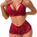 Lilosy Sexy Strappy High Waist Floral Lace Pajamas Lingerie Set Outfits S