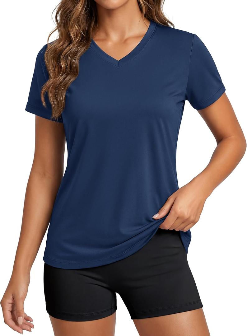 MAGCOMSEN Women's Workout Tops Short Sleeve UPF 50+ Athletic Shirts Quick Dry V-Neck T-Shirt Moisture Wicking Gym Tee, Small