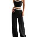 Floerns Women's Two Piece Summer Outfit 2 in 1 Sleeveless Crop Cami Top & High Waisted Pants Set Black X-Small