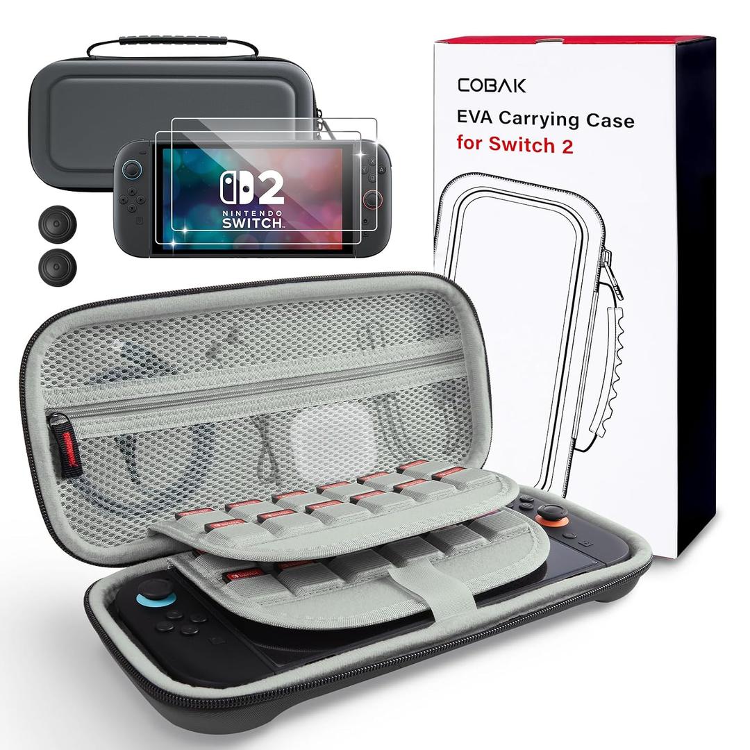 2 x CoBak Large Capacity Carrying Case for Nintendo Switch 2 (2025) - 3 in 1 Accessories Bundle with 2 Screen Protectors, Thumb Grip Caps, 24 Game Cartridges, Hard Shell Portable Travel Pouch, Gray