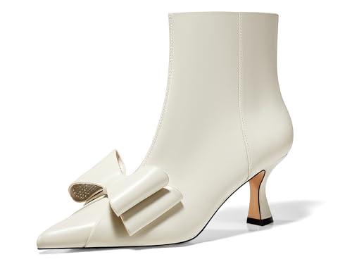 Coutgo Womens Low Kitten Heel Ankle Boots Rhinestone Bow Pointed Toe Side Zipper Dress Fall Booties Shoes, Creamy-White, Size 9