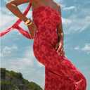 Milumia Women's Floral Strapless Maxi Dress Elegant Bodycon Fishtail Tube Dresses with Scarf (Red, L)