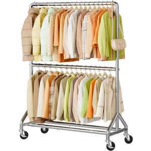 AOODA 50'' W Heavy Duty Clothes Rack for Hanging Clothes, Double Rods Industrial Clothing Rack with Wheels, Sturdy Rolling Garment Rack for Shirts, Coats, Jackets (Silver)