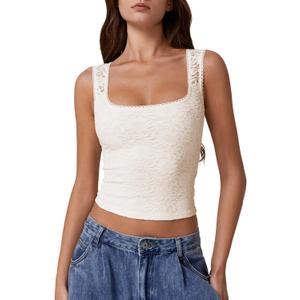 QINSEN Women's Lace Trim Square Neck Sleeveless Double-Layer Tank Top, Medium 