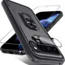 for Google Pixel 10 Pro XL Case with Screen Protector + Camera Lens Protector,Heavy Duty Shockproof Full Body Protective Cover Built in Rotatable Metal Ring Holder Kickstand,2025 Black Matte