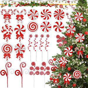 Christmas Candy Ornaments Red and White Candy Cane Tree Ornaments Hanging Peppermint Lollipop Curly Pick Decorations for Xmas Tree Topper Filler Holidays Party Indoor Outdoor Decor