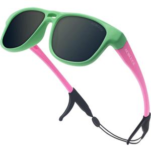 Kids Sunglasses TPEE Unbreakable Frame Polarized Sports Glasses with Adjustable Strap For Boys Girls Age 5-12 (Green Pink Frame/Grey Lens)