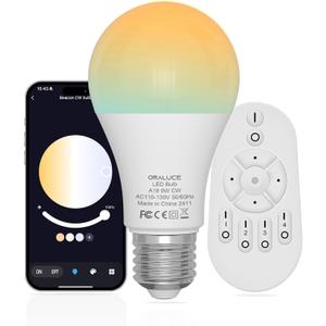 ORALUCE LED Remote Control Light Bulbs 60 Watt Equivalent, Dimmable 2700-6500K Lightbulbs E26 Base, A19 Bluetooth Smart Light Bulb for Lamp, Bedroom, 1 Pack with Remote Control