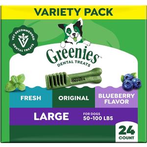 Greenies Large Dental Dog Treats, Mint, Original, & Blueberry, 24 Count | Vet-recommended, Fresh, Original, Blueberry flavors, cleaner teeth in 28 days, for dogs 50-100 lbs, (3) 12 oz. packs, Best By 10/2027