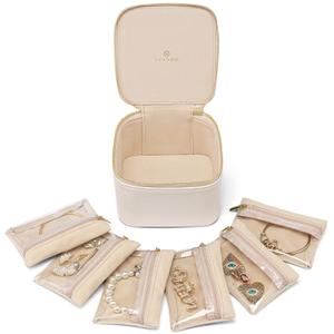 VLANDO Small Jewelry Box Organizer, Travel Jewelry Storage with 6 Velvet Jewelry Zipper Pockets, Travel Jewelry Case Valentines Gifts Birthday Gifts for Women Girls (White)