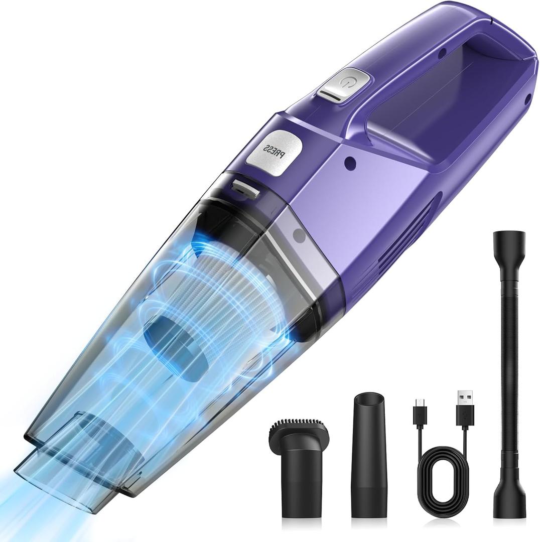 Handheld Vacuum Cordless, Car Vacuum Cleaner Portable with Powerful Suction/Multi Accessories, Low-Noise Lightweight Mini Hand Vacuum Cordless Rechargeable for Car, Office and Home Cleaning (Purple)