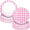 32 Pcs Pink Gingham Party Plates - 7 Inch Checkered Plaid Dessert Plates Disposable Pink and White Paper Plate - For Picnic BBQ Birthday Dinner Party Supplies