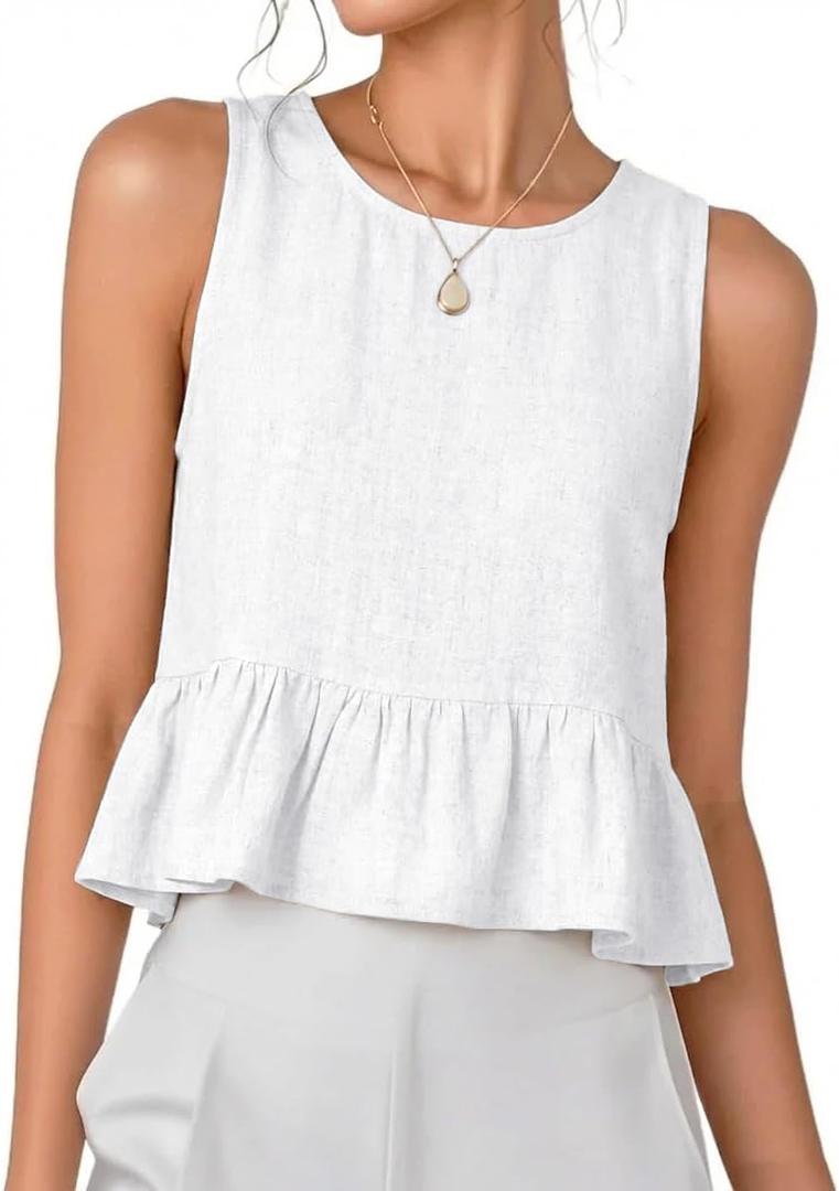 IDEALSANXUN Womens Ruffle Linen Tank Tops Spring Summer Beach Cute Sleeveless Shirts Vest Top (White, M)