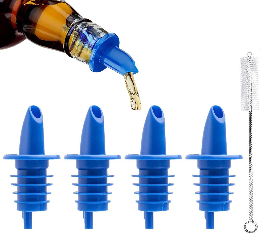 4 Pack Plastic Liquor Free Flow Pourers, Liquor Bottle Pourers for Alcohol, Syrup, Olive Oil, Mixed Drinks, Vinegar (Blue-4 Pack)
