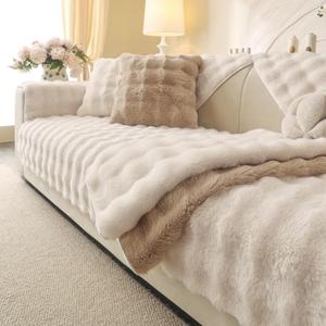 Soft Plush Faux Fur Couch Cover, Thick Warm Fuzzy Sectional Sofa Covers for 3 Cushion Couch Sofa L Sharped Sofa Non Slip Slipcover, Furniture Protector Covers for Pets(1 PCS 36"x94" White)