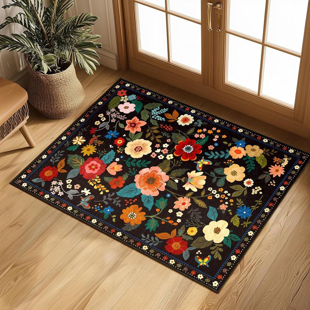 Floral 2x3 Area Rug Machine Washable Soft Print Boho Carpet Non Slip Doormat Low Pile Flower Area Rugs for Living Room Bedroom Nursery Kitchen Dining Room Indoor-Black