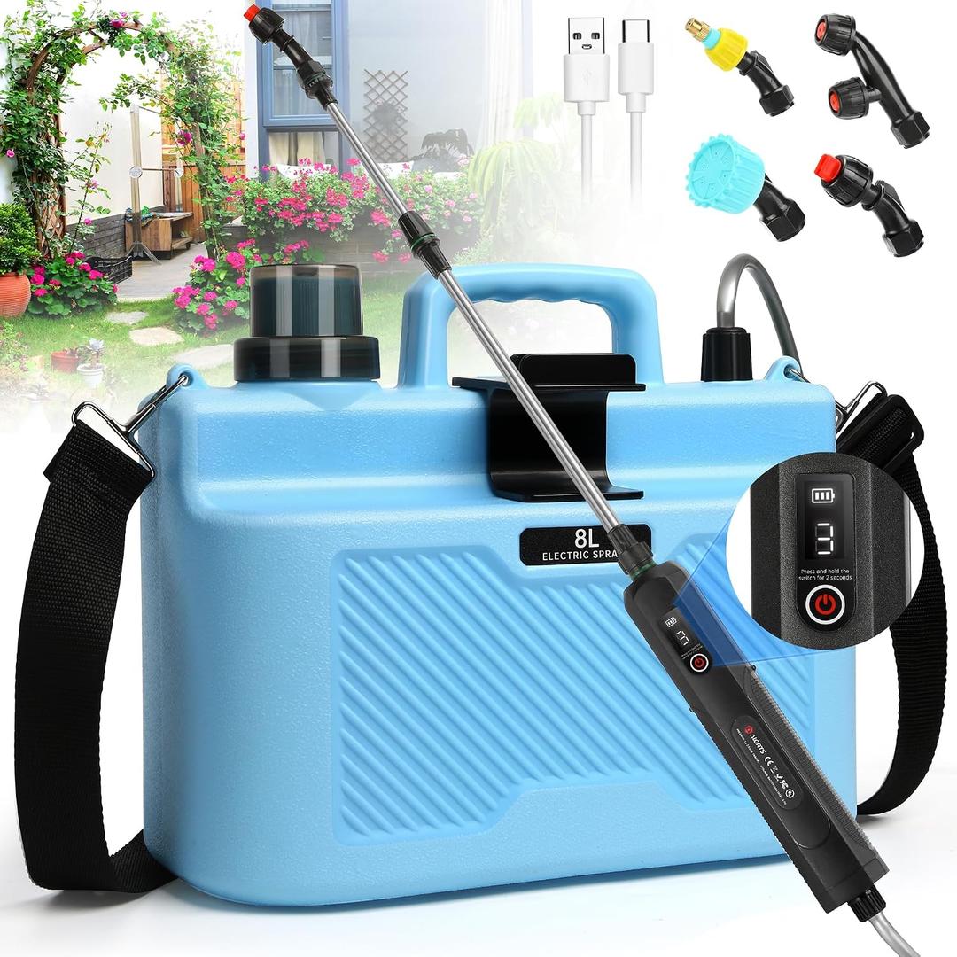 2 Gallon Battery Powered Sprayer, Upgrade Electric Garden Sprayer with 4 Types of Nozzles, 3-Level Adjustable Speeds, Retractable Wand and Adjustable Shoulder Strap for Lawn, Garden and Yard