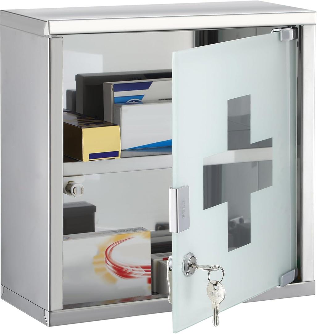 Timgle First Aid Wall Cabinet with Lock Medicine Wall Mounted Bathroom Storage Hanging Medical Cabinet with Safety Glass Door for Bathroom(2 Shelves,Silver)