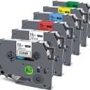 Compatible Label Tape Replacement for Brother PTouch TZe Label Maker Tape 12mm 0.47 Inch Laminated TZe 131 231 431 531 631 731, for PT-D210 PTH110 PTD600 PTD400 PTP750w PT-1880, 6 Pack (Black on Clear/White/Red/Blue/Yellow/Green, 6pack)