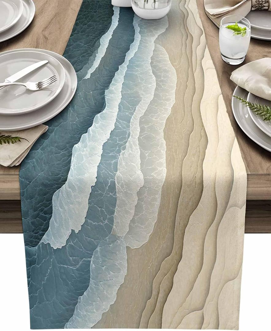 Table Runner Abstract Blue Wave Beach Table Decoration for Kitchen Ocean Modern Art Table Decoration for Indoor Outdoor Home Holiday Party Decor 13x72 inch