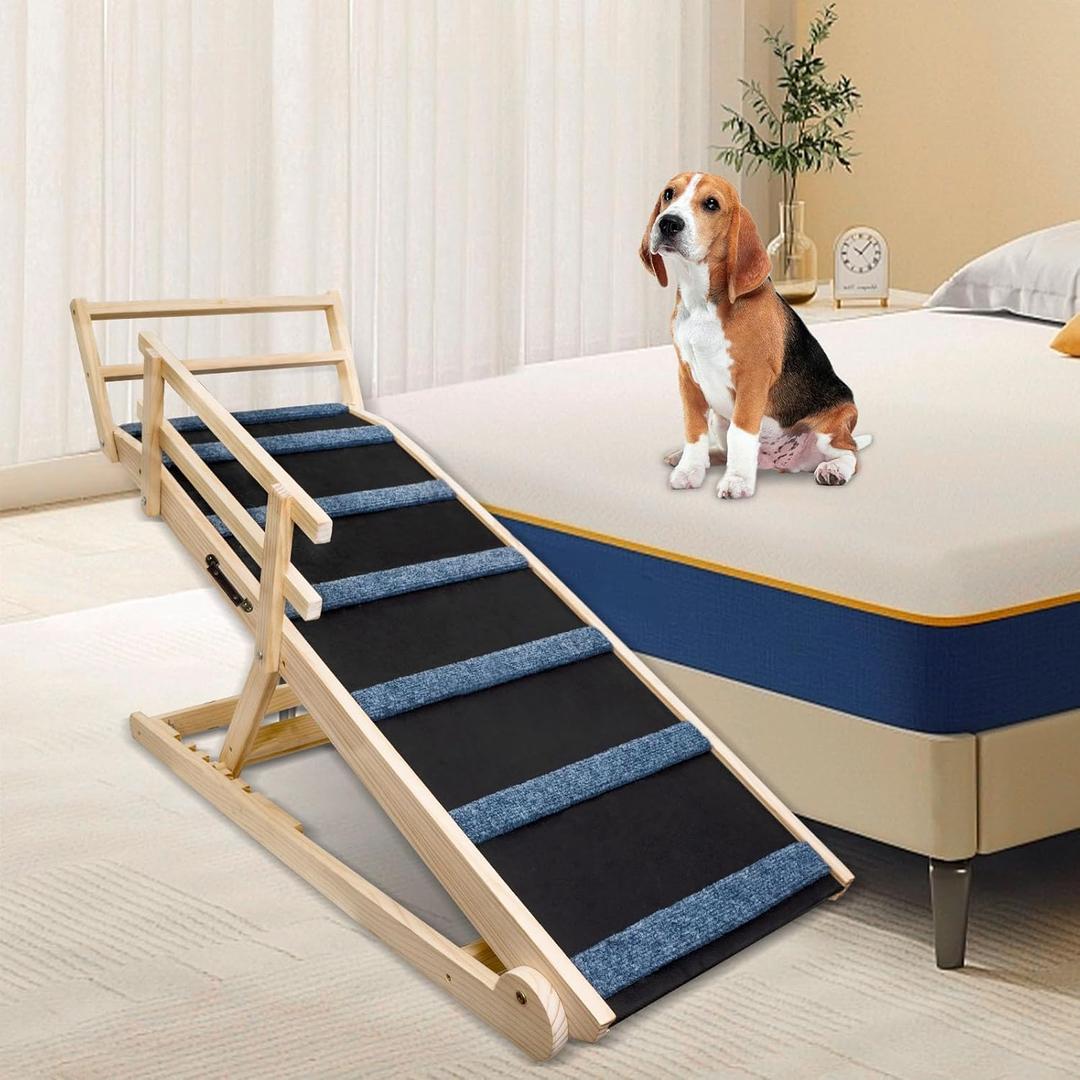 Wooden Dog Ramp for Bed - 5 Level Adjustable Ramp for Dog Doulbe Anti-Slip Pet Ramp with Rails Wooden Dog Ramp for Bed - 5 Level Adjustable Ramp for Dog Doulbe Anti-Slip Pet Ramp with Rails