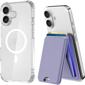 for iPhone 17 Case Slim Clear with Card Holder & Adjustable Stand, Holds 5 Cards Magnetic Wallet, Anti-Yellowing & MIL-Grade Drop Tested Phone Cover, Compatible with MagSafe, Purple