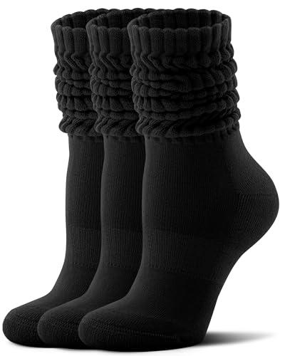 FITRELL Slouch Socks for Women, 3 Pairs Soft Cotton Knee High Scrunch Tube Boot Socks, Black, Medium-Large