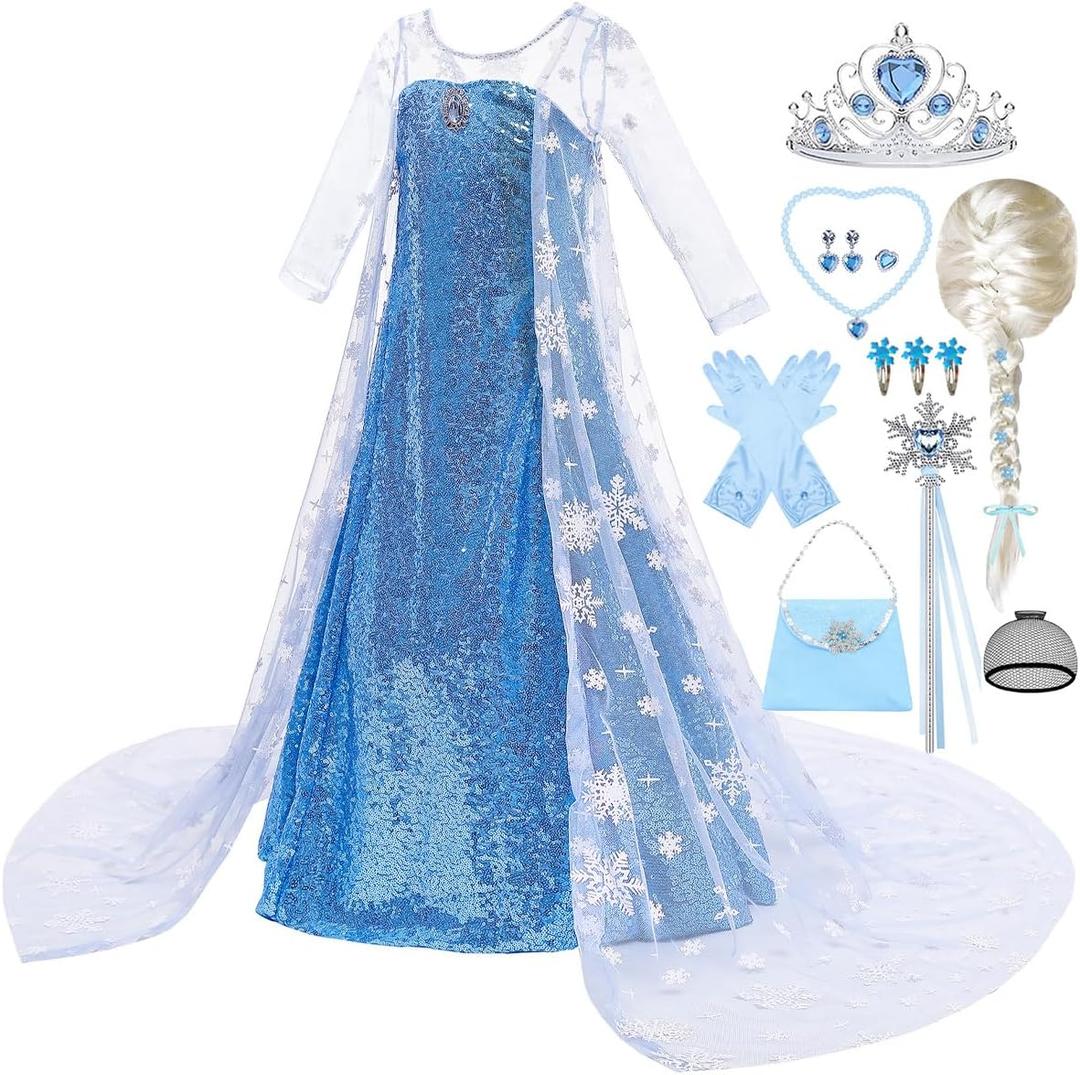 Princess Elsa Dress for Girls Kids Sequin Costume Halloween Birthday Party Dress Up With Accessories (2-3 Years)