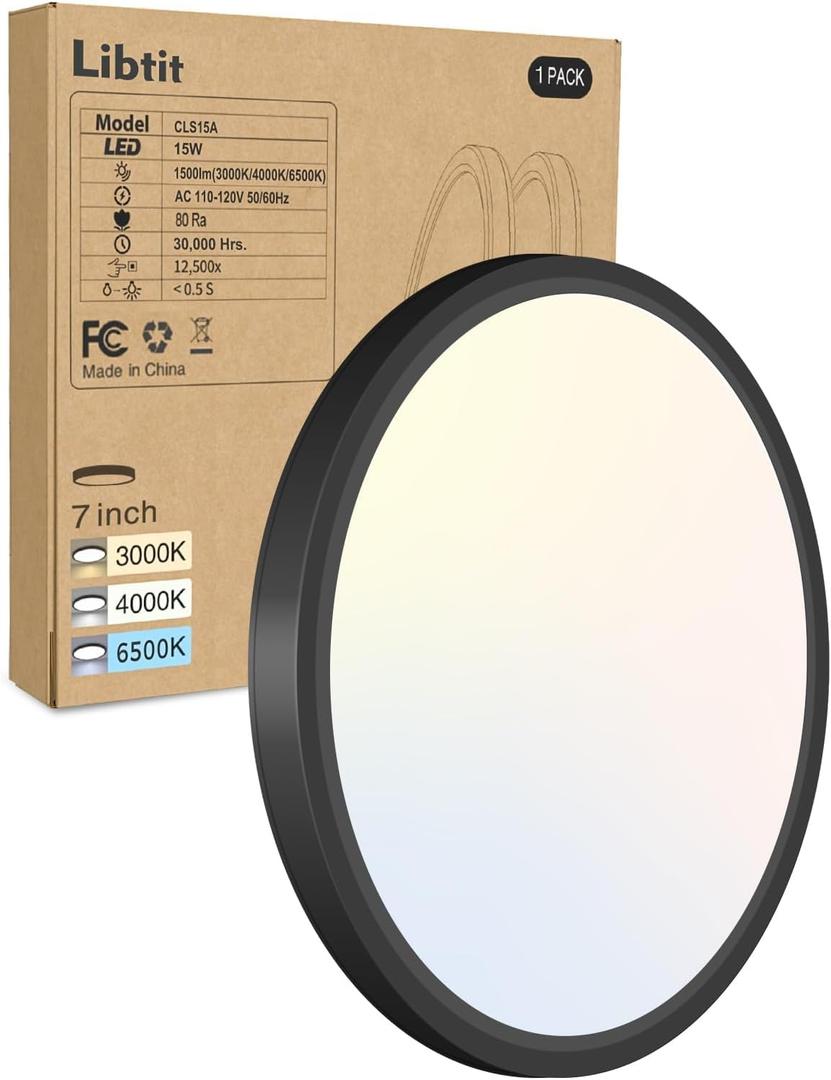 libtit Black Flush Mount Ceiling Light, 15W 1500Lm Thin Flat LED Lighting Fixture for Ceiling, 3000K-4000K-6500K & 7 Inch Modern Recessed Ceiling Lamp for Closet Kitchen Laundry Hallway