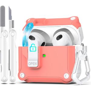R-fun for AirPods 3rd Generation 2021 Charging Case Cover, Full Drop Protection Auto Pop-Up Lid Design for Apple Airpod 3 Gen Case with Cleaner Kit & Keychain,White/Pink Peach