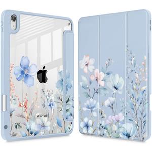 May Chen for iPad Air 11-inch M4/M3/M2 (2026/2025/2024), iPad Air 5th/4th 10.9 Inch - Shockproof Cover with Clear Back Shell & Penceil Holder Auto Wake/Sleep Stand Cover, Blue Flowers