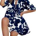PYGFEMR Women's Short Sleeve Babydoll Dress Button Down Dresses with Pockets (Blue, M)