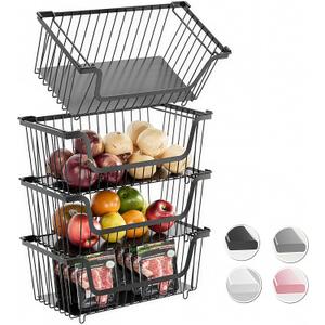 GAOKASE 4 Pcs Stackable Wire Baskets for Pantry Organizers and Storage,Vegetable Fruit Basket for Countertop,Kitchen Storage Metal Baskets,Produce Potato Onion Storage Bin,Black