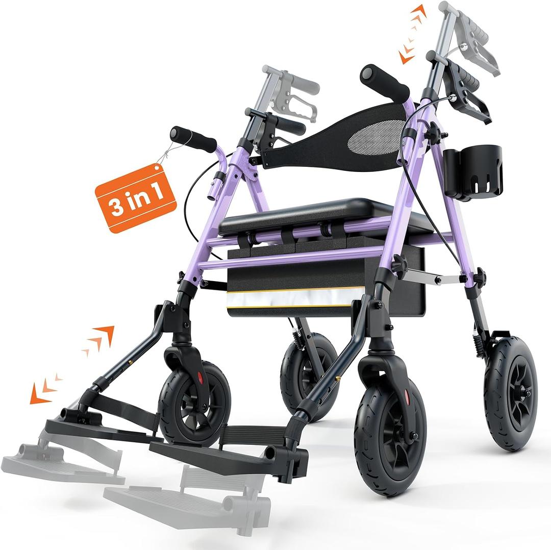 3 in 1 Folding Rollator Walker with Seat, Aluminum Transport Wheelchair Combo with Adjustable Footrest, Storage Bag & Cup Holder, Mobility Walker for Seniors, Purple