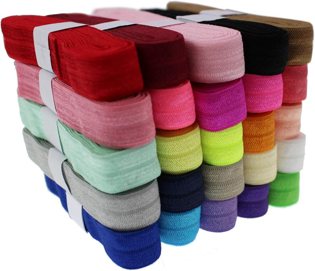 PAMIR TONG 5/8'' Fold Over Elastic FOE Headband Baby Hair Bow Soft Fold Over Elastic Binding Webbing Tape Craft Sewing Assortment Color (50 Yards Mixed)