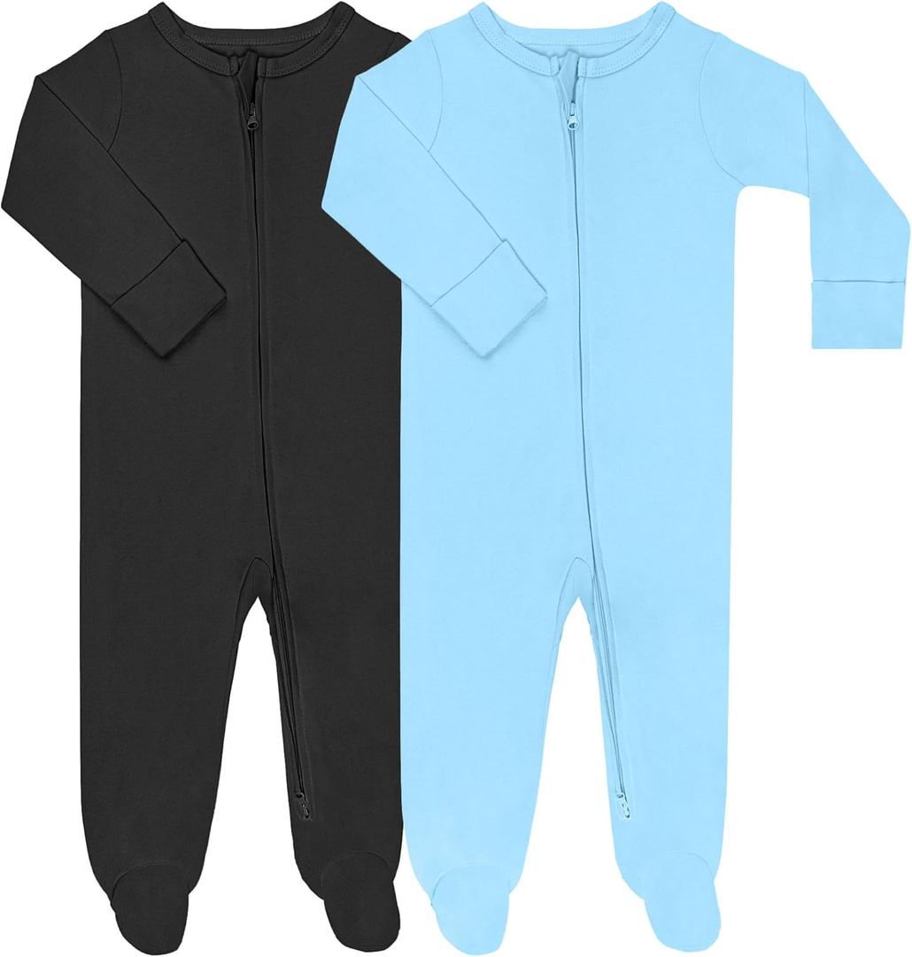 GUISBY Footed Long Sleeve Baby Pajamas with Zipper Cotton Infant Sleepwear (Newborn, Black+dark Blue)