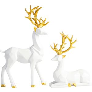 Christmas Reindeer Figurines, 2PCS White Deer Seated & Standing Elegant Craft Deer Animal Decoration Sculpture Ornaments for Living Room, TV Cabinet,Wine Cabinet Home Decoration