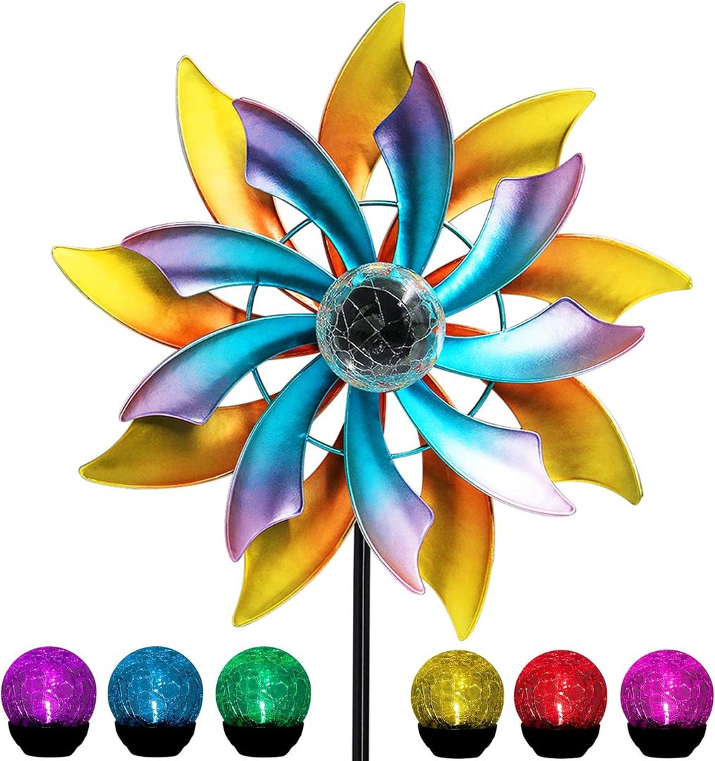 MAGGIFT 57 Inch Solar Wind Spinner with Metal Garden Stake, Multi Color Changing LED Solar Powered Glass Ball, Outdoor Wind Catcher Yard Patio Christmas Holiday Decoration