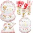 112 PCS Baptism Plates Napkins Cups Decoration for Girl Mi Bautizo Baby Shower First Holy Communion Disposable Party Tableware Newborn Christening God Bless Party Supplies Favors for 16 Guests