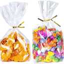 PigPotParty Cellophane Treat Bags 6x9 Inch, 50 Pack Clear Goodie Bags with Bottom Gusset for Stand-Up Display, Small Plastic Gift Wrap for Cookies, Candy, Party Favors, Popcorn, Includes 50 Gold Ties