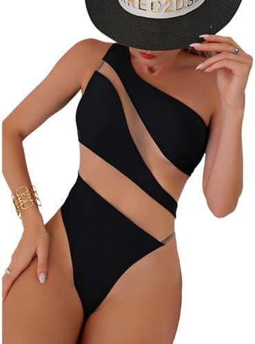 KZIYBON Women's one-Piece Swimsuit mesh Paneled one-Shoulder Sexy Tummy-Controlling Monokini M