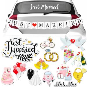 16 Pcs Just Married Car Decorations Include 14 Assorted Ornate Car Magnets Just Married Window Decal and Cardstock Sign Banner Wedding Decorations for Bridal Shower Honeymoon Photo Props