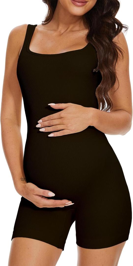 Maternity Workout Romper Pregnancy Yoga Ribbed One Piece Seamless Tank Top Jumpsuit (Large, 01black)