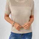 Short Sleeve Sweaters for Women 2026 Casual Crewneck Summer Shirts Lightweight Hollow Out Knit Sweater Tops (Beige, XXL)