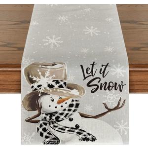 Artoid Mode Grey Snowman Snowflake Let it Snow Christmas Table Runner, Seasonal Winter Kitchen Dining Table Decor for Home Party Indoor 13x120 Inch (Silver)