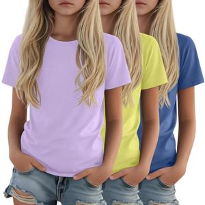 LessonZoo 3 Pack Girls Shirts Plain Short Sleeve Tops Teens Youth Summer Tshirts Crewneck Loose Fit Casual Basic Tees, Dark Blue, Cream Yellow, Light Purple,13-14 Years